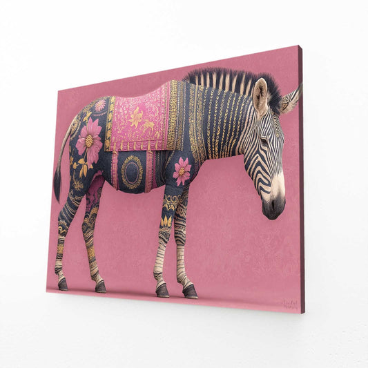 Pink Horizontal Zebra Wall Art – angled canvas view on white background