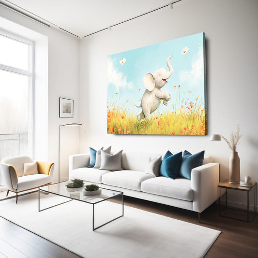 Playful Elephant Nursery Art — anime canvas print in gold tones, view 3