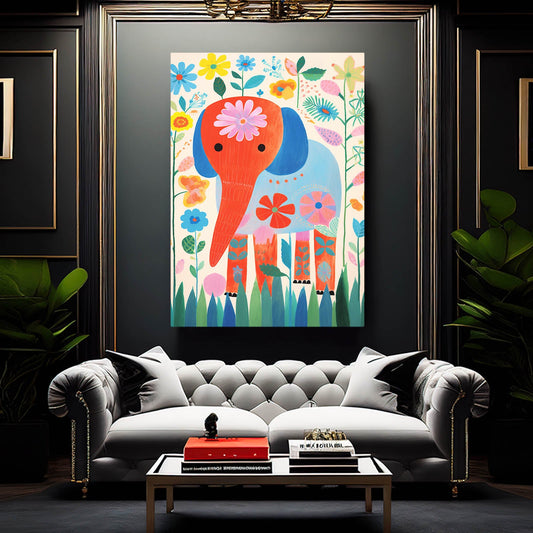 Playful Floral Elephant Canvas — cute canvas print in white tones, view 3