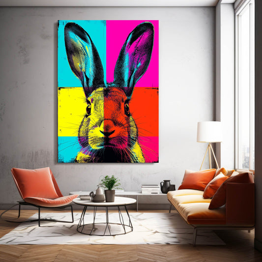 Pop Art Bunny Art – angled canvas view on white background