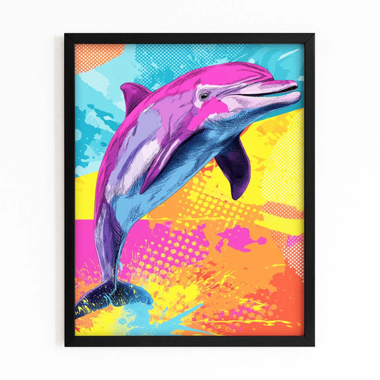 Pop Burst Dolphin Wall Art – with Premium Black wood frame on white background