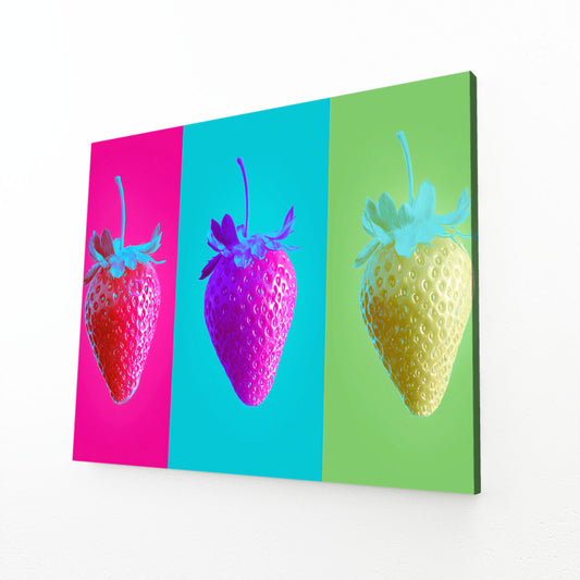 Pop Strawberry Triptych Fruit Art – angled canvas view on white background