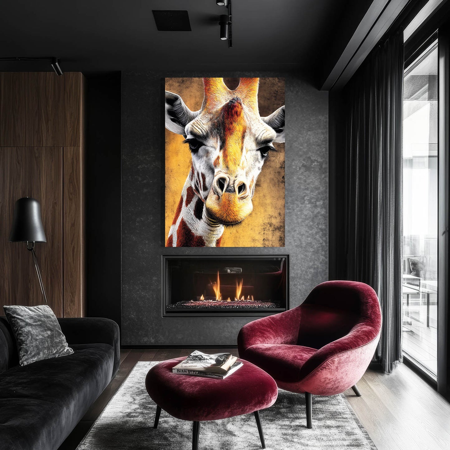 Modern living room with a giraffe painting above a fireplace, featuring a red armchair and gray sofa.