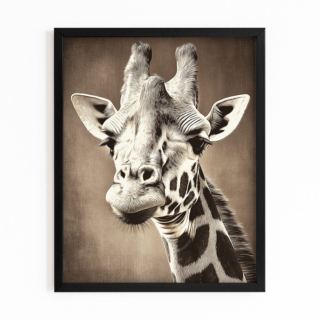 Framed artwork of a giraffe's head on a brown background