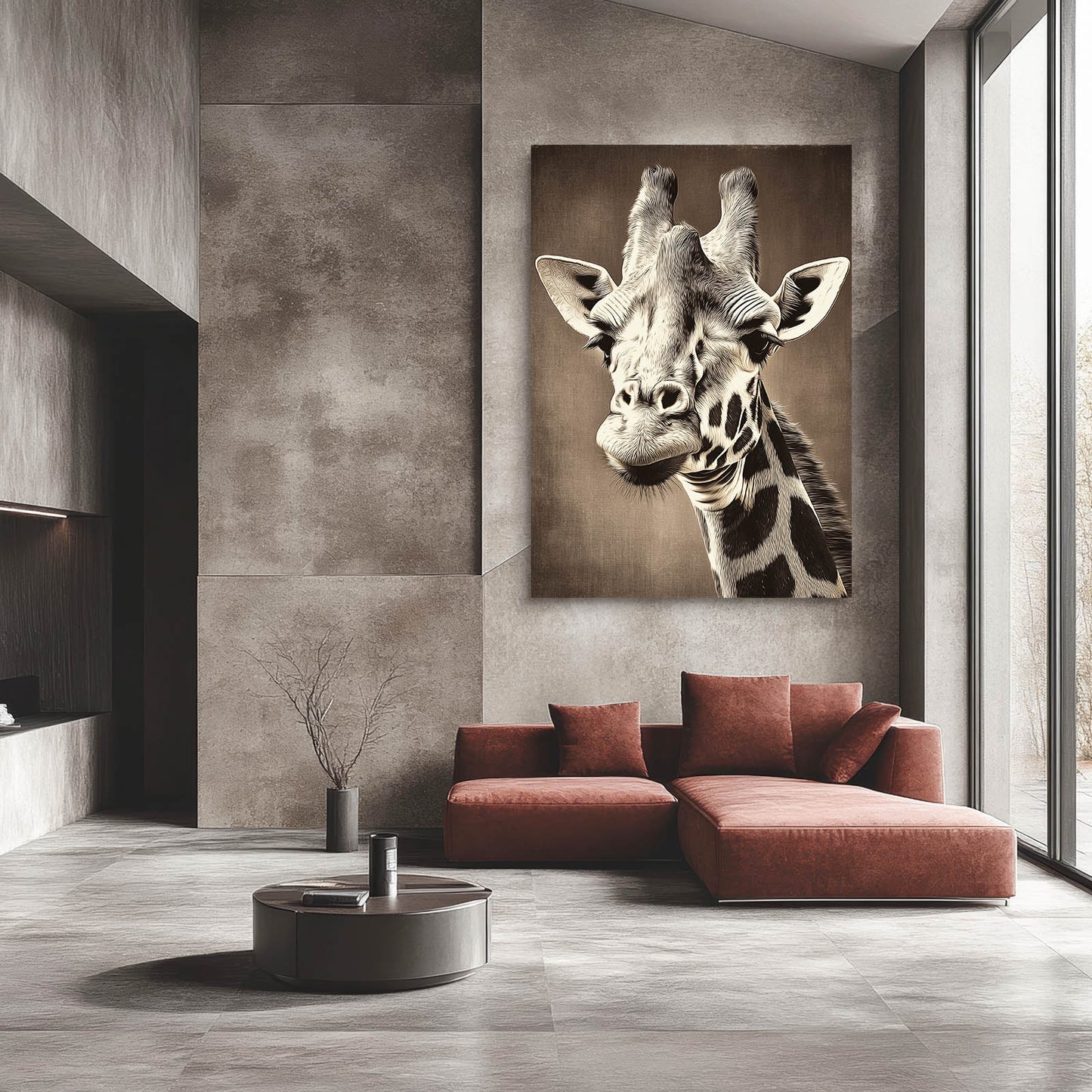 Modern living room with a large giraffe painting on the wall.