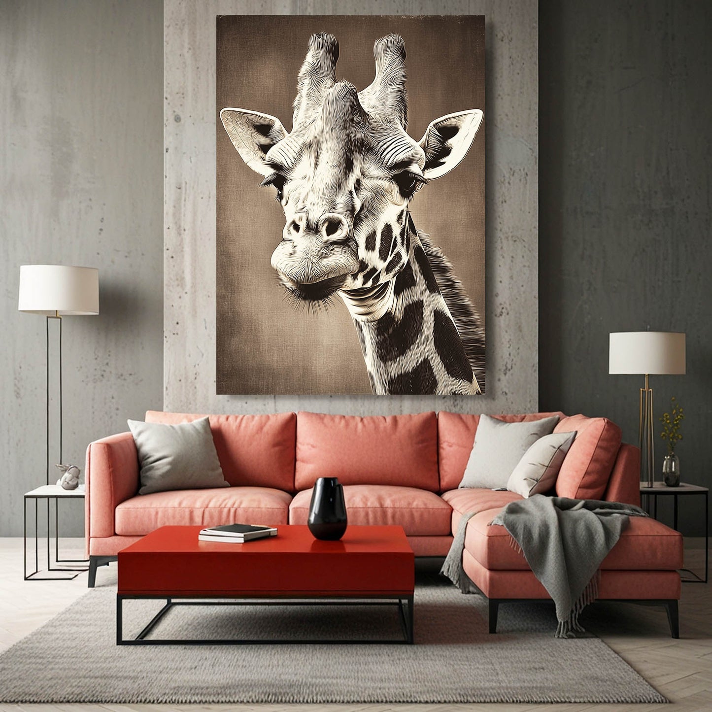 Living room with a red sofa, coffee table, and large giraffe painting on the wall.