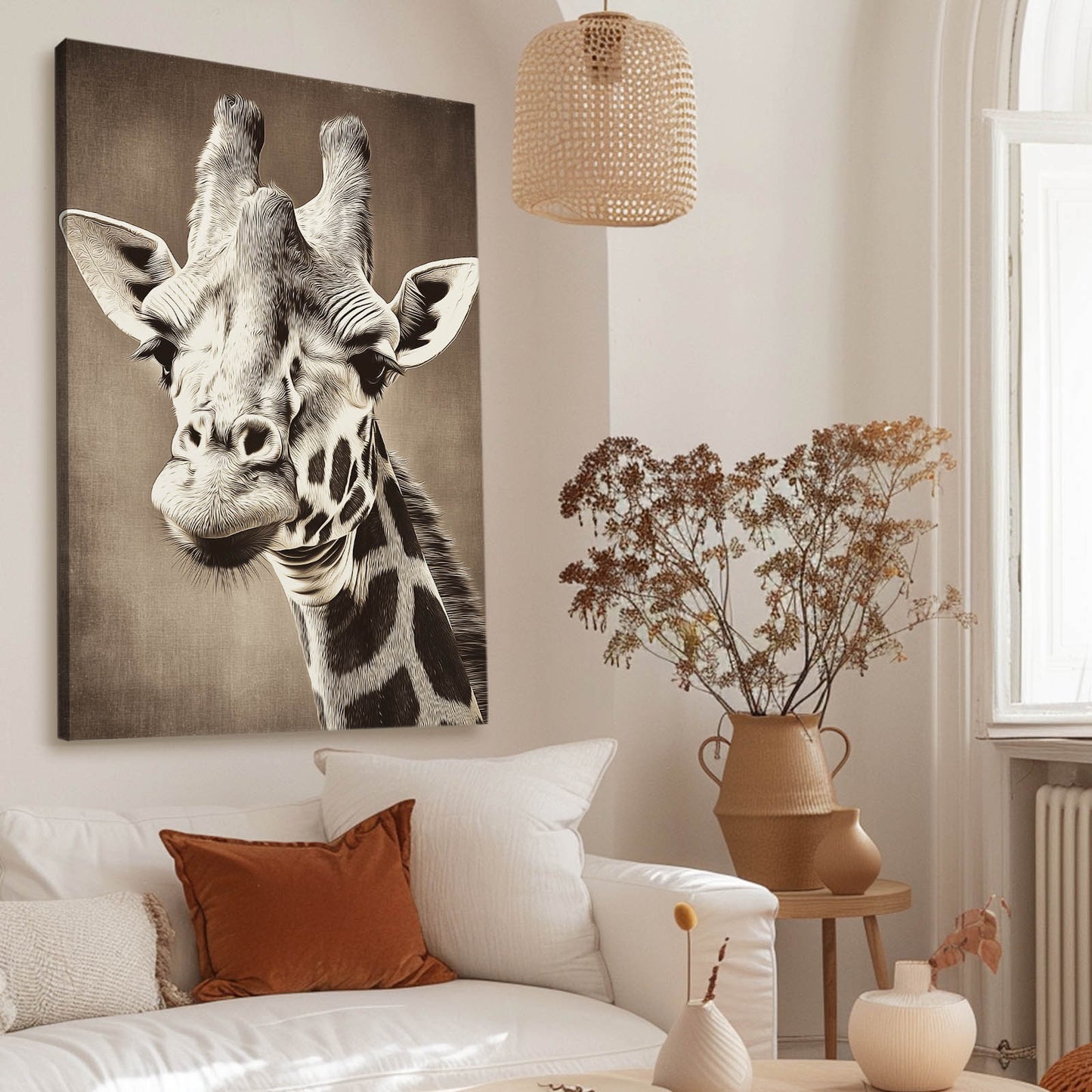 Living room with a giraffe painting on the wall, white sofa, and decorative elements.