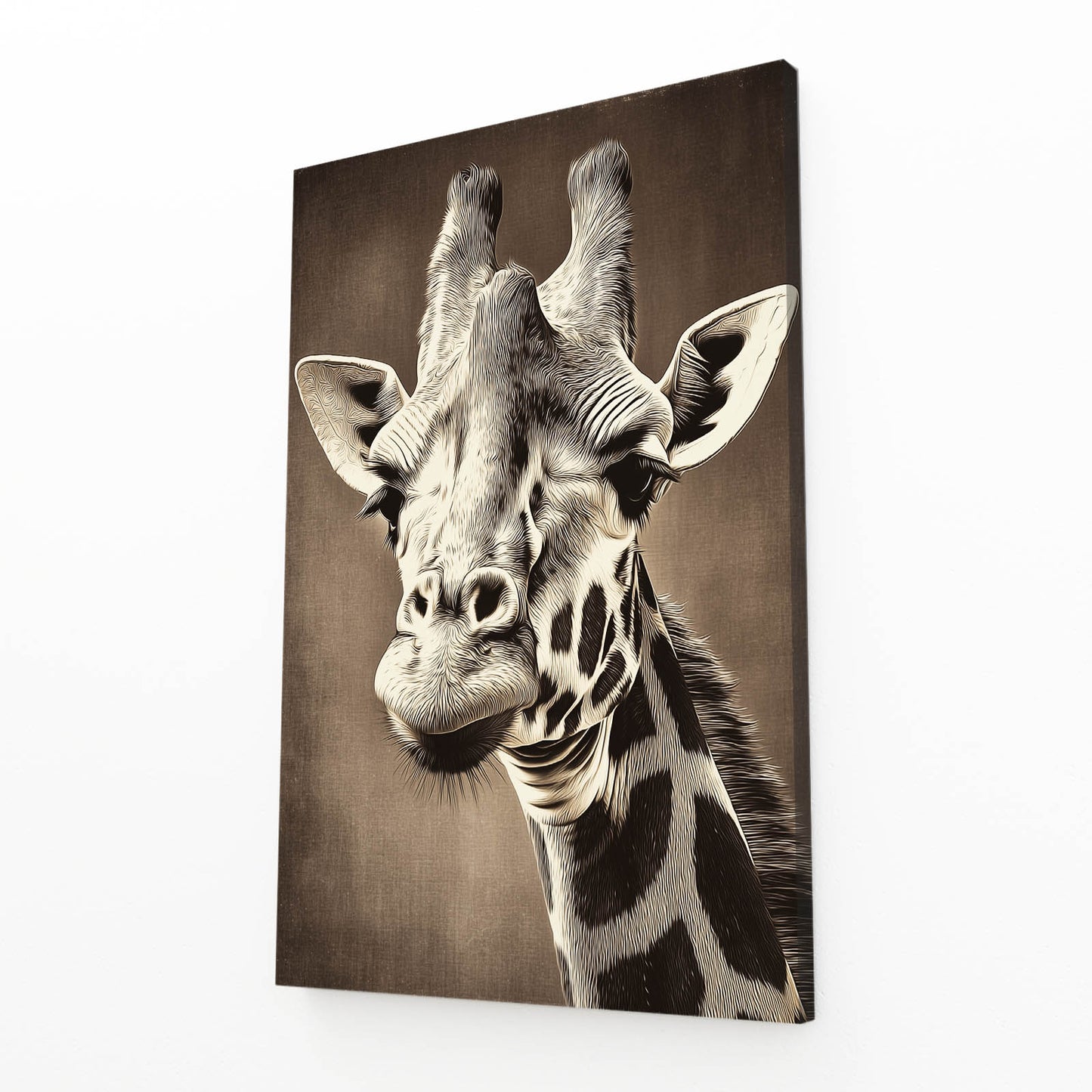 Canvas print of a giraffe's face on a brown background