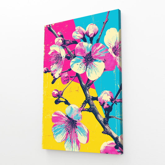 Primary Pop Sprig Cherry Blossom Wall Art – angled canvas view on white background