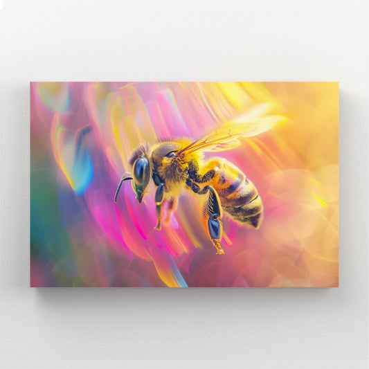Prismatic Bee Art — contemporary canvas print in orange tones, angled canvas view on white background