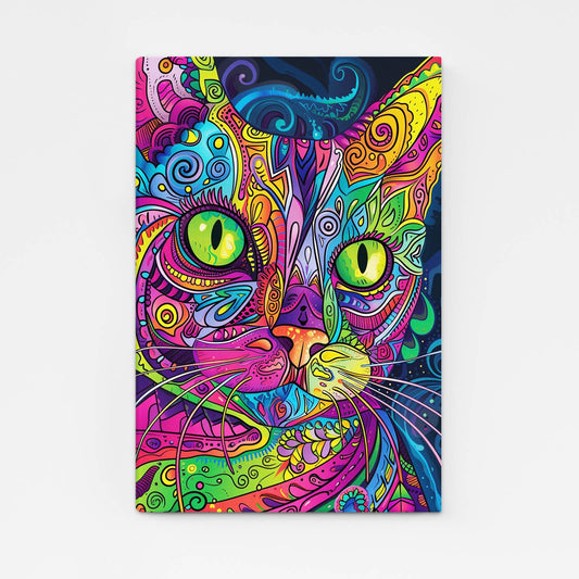 Psychedelic Colorful Cat Wall Art — psychedelic canvas print in pink tones, angled canvas view on white background
