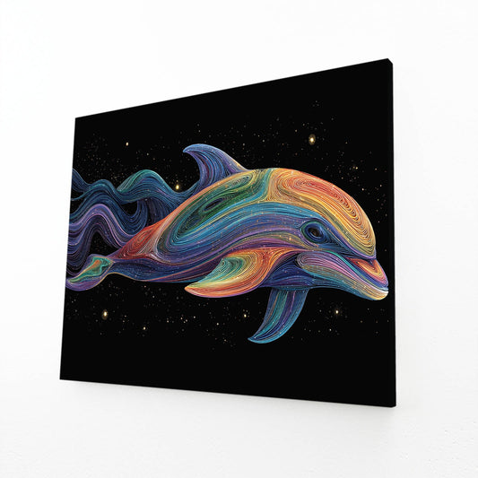 Psychedelic Flow Dolphin Art – angled canvas view on white background