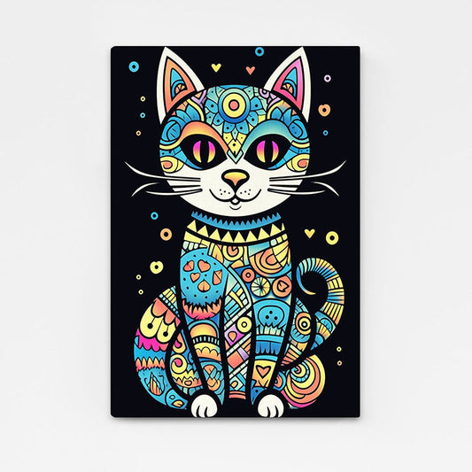 Psychedelic Mandala Cat Art — psychedelic canvas print in blue tones, angled canvas view on white background