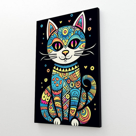 Psychedelic Mandala Cat Art — psychedelic canvas print in blue tones, view 3
