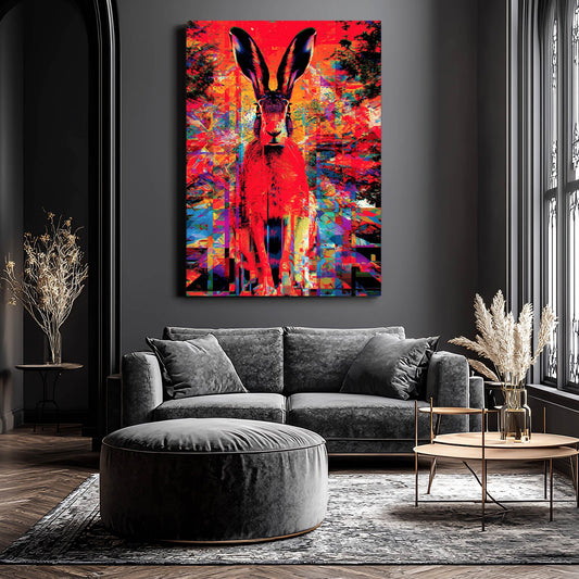 Psychedelic Rabbit Wall Art – angled canvas view on white background