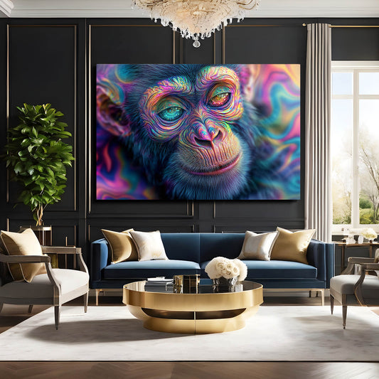 Psychedelic Rainbow Face Monkey Wall Decor – styled in a furnished interior