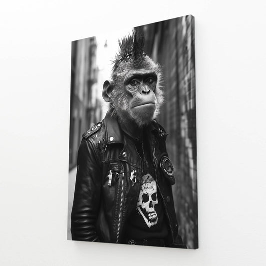 Punk Leather Jacket Monkey Wall Art – angled canvas view on white background