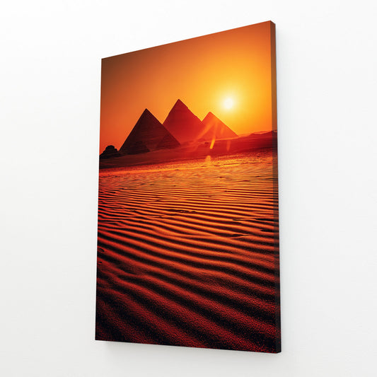 Pyramid Desert Sunset Egyptian Art – angled canvas view on white background