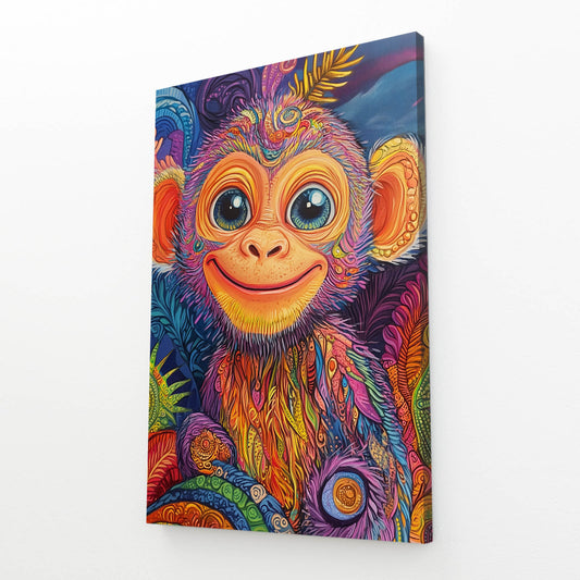 Rainbow Doodle Smile Monkey Wall Art – angled canvas view on white background