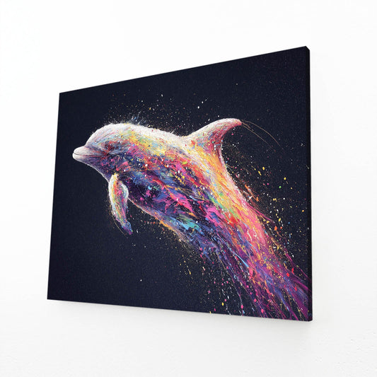 Rainbow Ember Dolphin Wall Decor – angled canvas view on white background