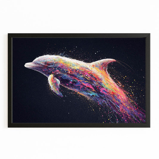 Rainbow Ember Dolphin Wall Decor – with Premium Black wood frame on white background