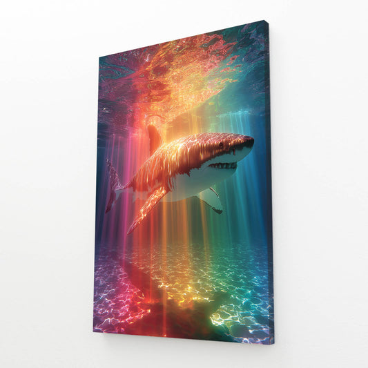 Rainbow Light Rays Shark Art – angled canvas view on white background