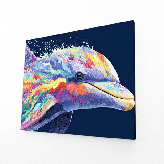 Rainbow Splash Dolphin Canvas – angled canvas view on white background