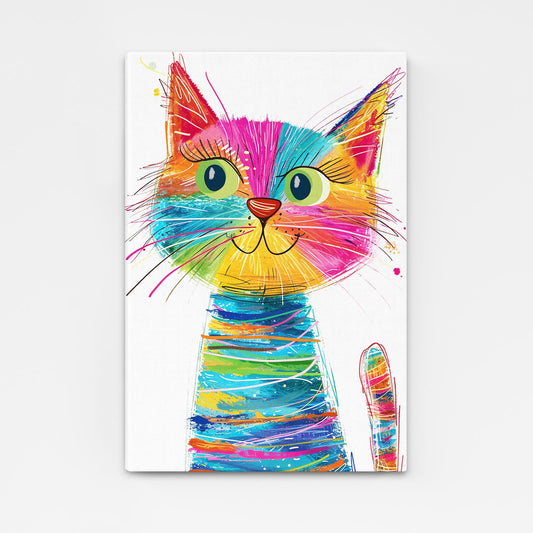 Rainbow Whiskers Cat Wall Art — digital canvas print in white tones, angled canvas view on white background