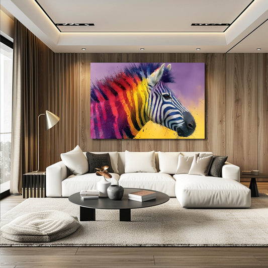 Rainbow Zebra Wall Art – styled in a furnished interior