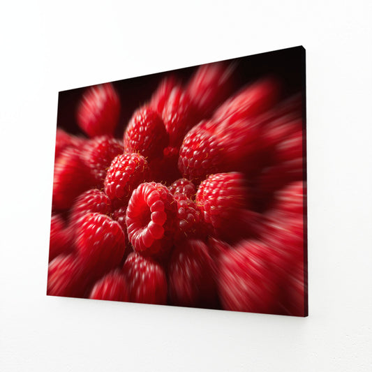 Raspberry Macro Burst Fruit Prints – angled canvas view on white background