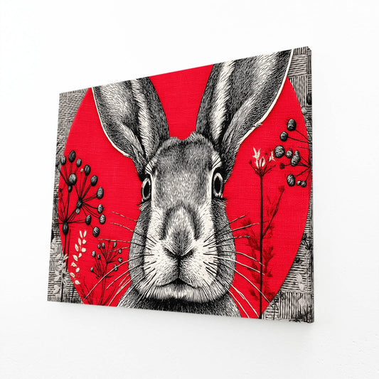 Red Bunny Wall Art – angled canvas view on white background
