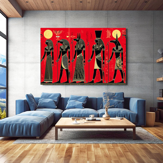 Red Silhouette Procession Egyptian Wall Art — contemporary canvas print, styled in a furnished interior