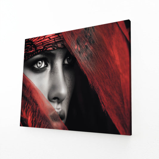 Red Veil Face Closeup Photography Wall Art – angled canvas view on white background