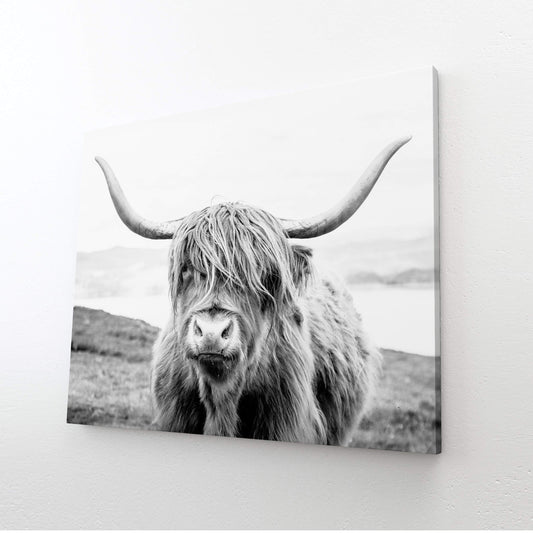 Retro Modern Cow Wall Art – angled canvas view on white background