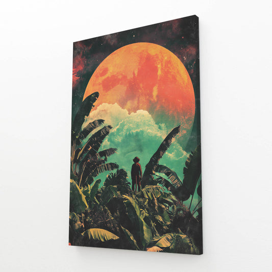 Retro Moon Leaves Monkey Canvas – angled canvas view on white background