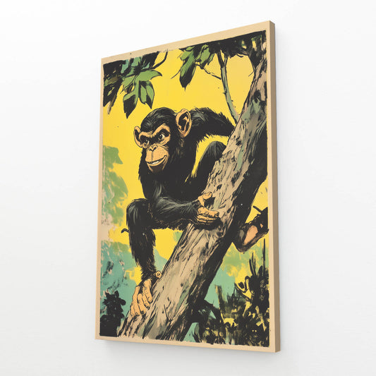 Retro Poster Climb Monkey Art – angled canvas view on white background