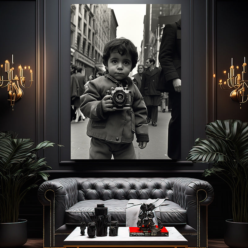 Retro Street Photographer Wall Art Print – above a grey chesterfield in a dark lounge