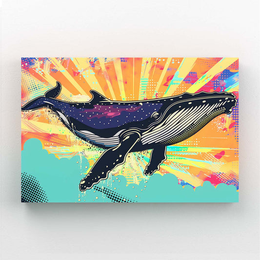 Retro Whale Art — cool canvas print in blue tones, angled canvas view on white background