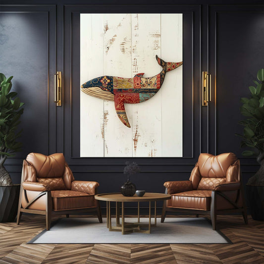 Rustic Whale Wall Art — boho canvas print in white tones, view 3