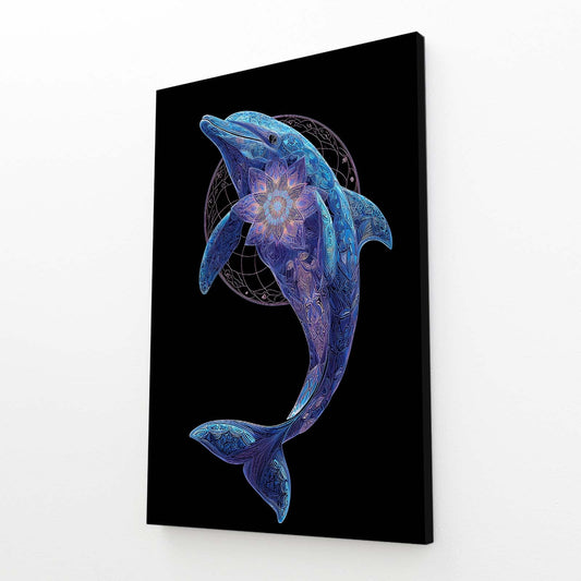 Sacred Geometry Dolphin Art – angled canvas view on white background