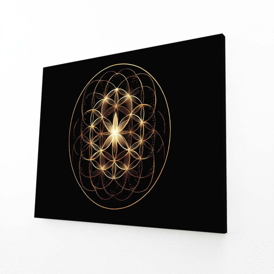 Sacred Geometry Orb Gold Wall Art – angled canvas view on white background