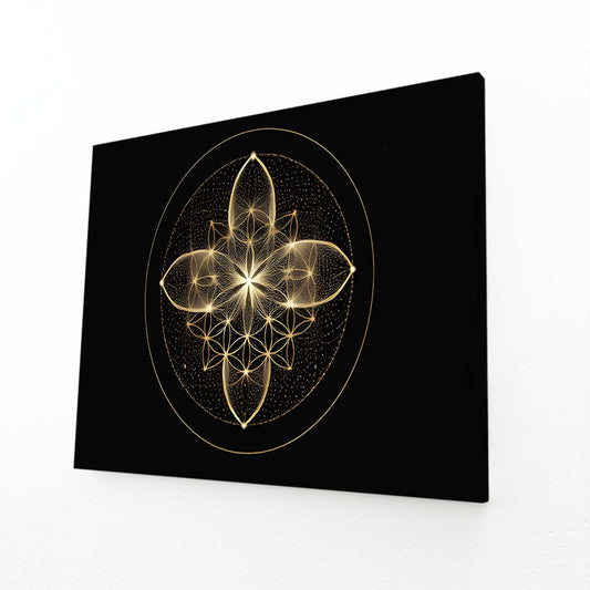 Sacred Gold Emblem Wall Art – angled canvas view on white background