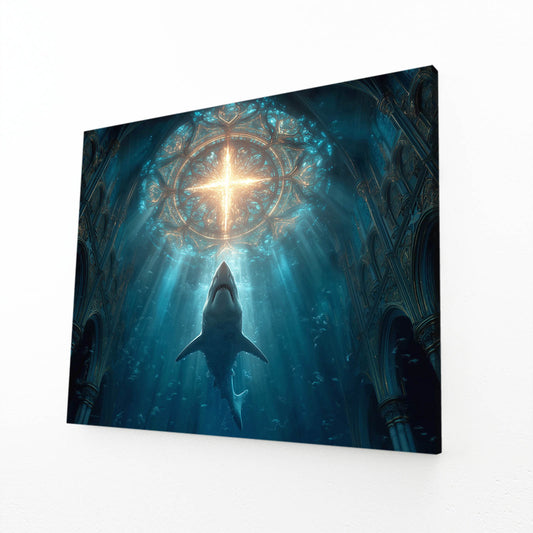 Sacred Light Cathedral Shark Wall Art – angled canvas view on white background