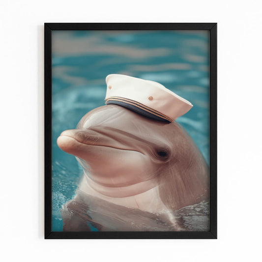 Sailor Cap Dolphin Print – with Premium Black wood frame on white background