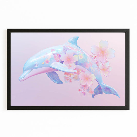 Sakura Pastel Dolphin Wall Decor – with Premium Black wood frame on white background