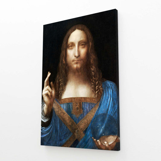 Salvator Mundi Da Vinci Wall Decor — realism canvas print, angled canvas view on white background