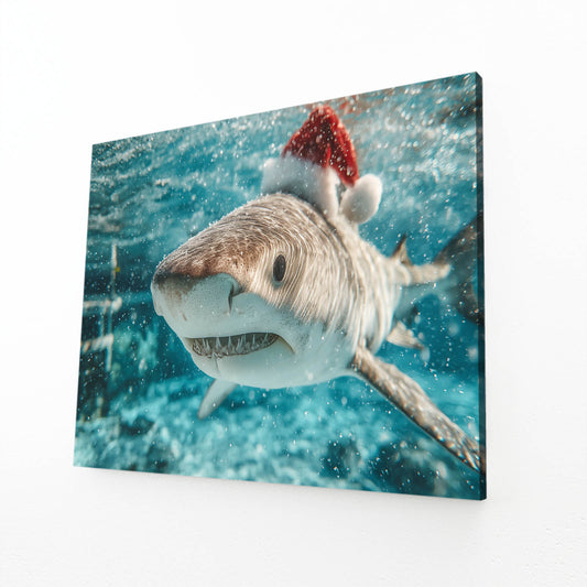 Santa Hat Christmas Shark Prints – angled canvas view on white background