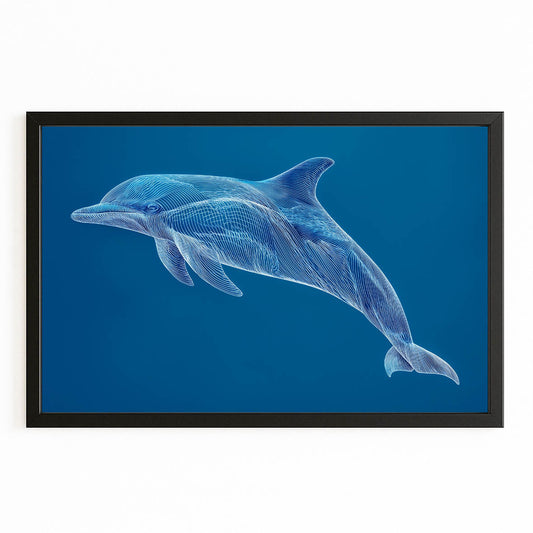 Sapphire Line Dolphin Art – with Premium Black wood frame on white background