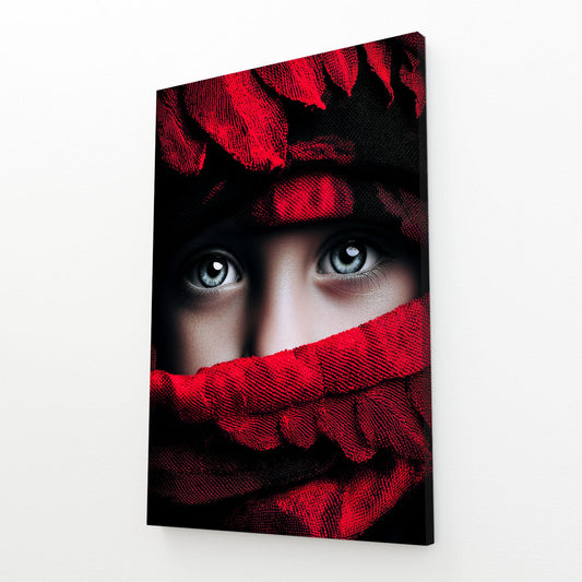 Scarlet Feathers Print Photography – angled canvas view on white background