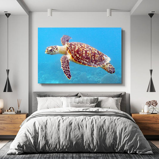 Sea Turtle Photography Wall Art — photography canvas print, styled in a furnished interior